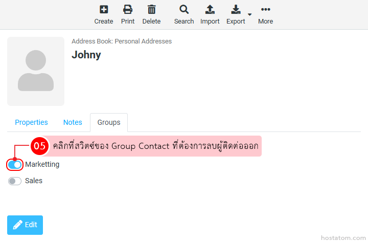 Contact card for Johny in Address Book; Groups tab shows Marketing on and Sales off.