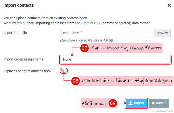 Import contacts dialog: choose file to upload (contacts.vcf), set group assignments, and import or cancel.