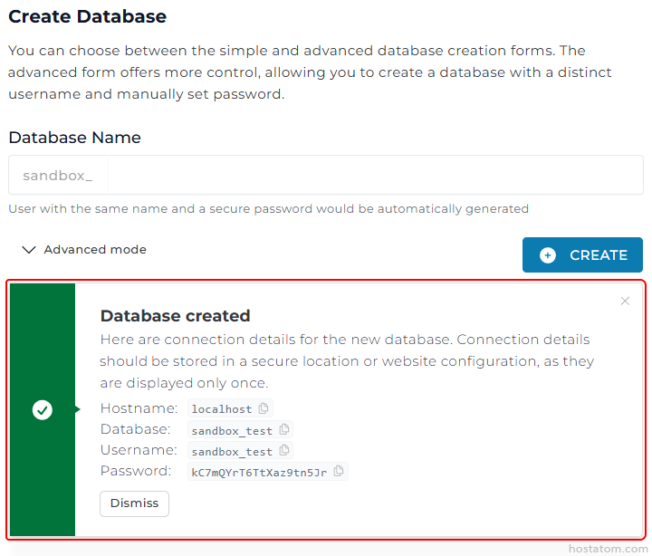 Screenshot of Create Database UI with a Database Name input showing 'sandbox_' and a blue CREATE button, plus a red-outlined 'Database created' confirmation modal listing Hostname: localhost, Database: sandbox_test, Username: sandbox_test, Password: [hidden].