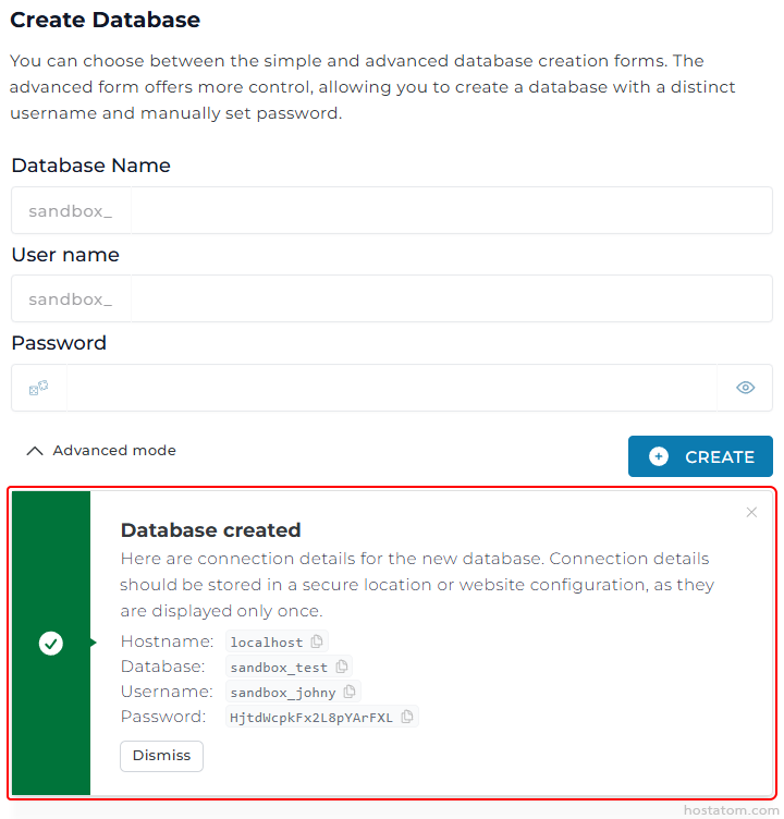 Screen displaying a 'Create Database' form with fields for Database Name, User name, and Password, plus a blue Create button; a green vertical notification panel shows a 'Database created' message with connection details: Hostname: localhost, Database: sandbox_test, Username: sandbox_johny, Password: [hidden].