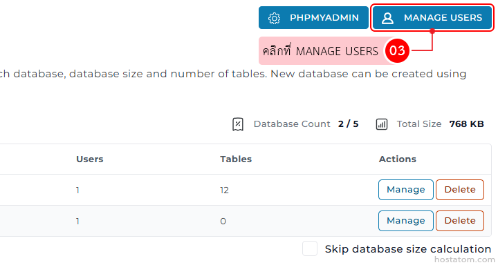 Admin panel for managing a database: top navigation showing PHPMyAdmin and a highlighted 'Manage Users' button; below is a table with columns Users, Tables, and Actions, with each row containing blue 'Manage' and orange 'Delete' buttons.