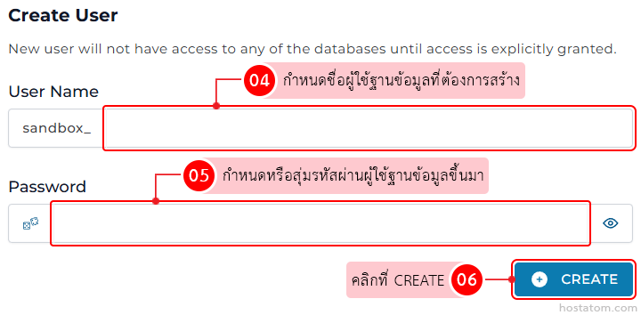 Create User form with fields for User Name and Password, a notice about access, and a blue CREATE button.