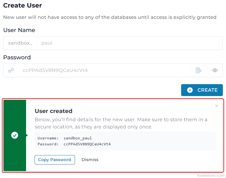 Create User form; after submission a 'User created' dialog appears showing the username sandbox_paul and its password, with Copy Password and Dismiss options.