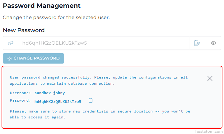 Success: password changed for user sandbox_johy. New password: hd6qhHK2zQELKU2kTzw5. Save credentials securely.