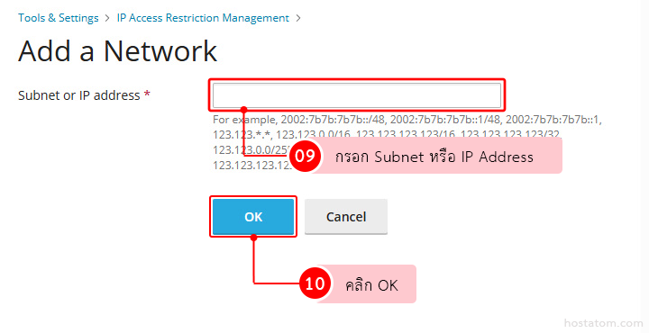 Form to add a network: input field for subnet or IP address with example text, OK and Cancel buttons below, red focus outline on the input area.å (This alt describes function and layout.)
