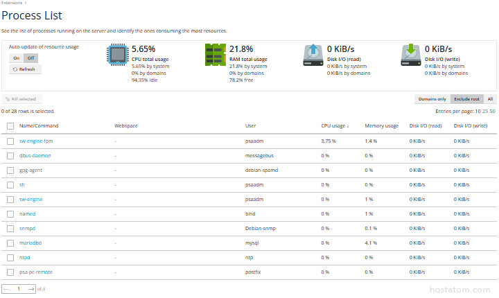 Process List dashboard showing CPU and RAM usage bars and a table of running server processes with columns Name/Command, User, CPU, Memory, and Disk I/O.
