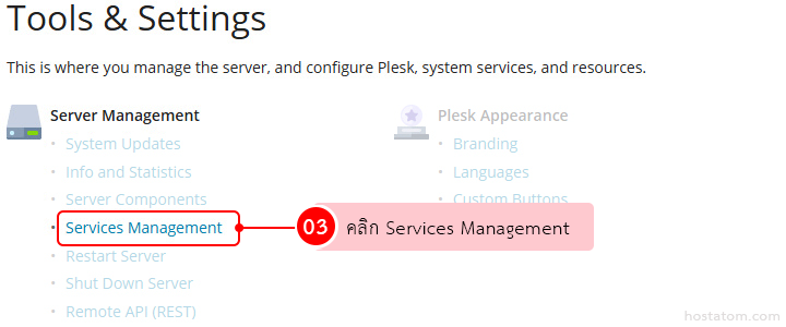 Tools & Settings page showing Server Management with 'Services Management' highlighted by a red outline and a pink tooltip reading '03 คลิก Services Management'.