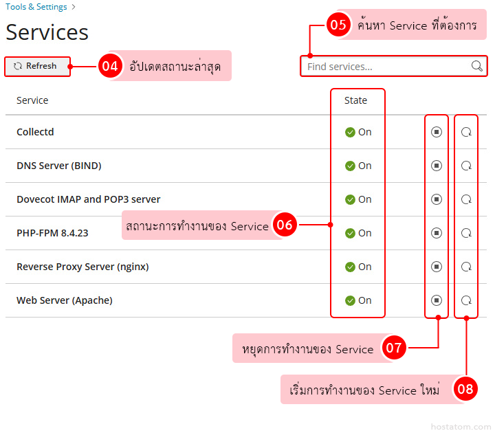 Services settings page listing servers with On status, a Refresh button, and a Find services field.
