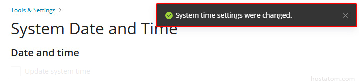 System Date and Time settings page with a success toast: 'System time settings were changed.'