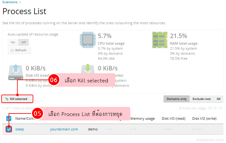 Process List dashboard with one selected process 'sleep' and a red 'Kill selected' action available.