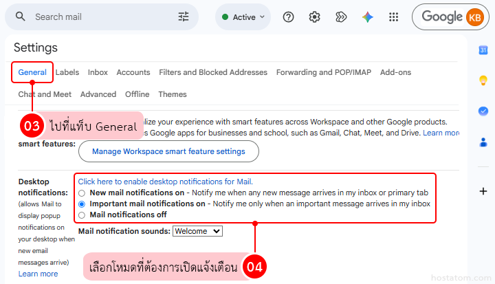 Settings screen showing the General tab; Desktop notifications options include 'New mail notifications on', 'Important mail notifications on', 'Mail notifications on', plus a 'Mail notification sounds' dropdown.