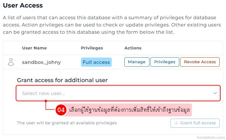User Access: table showing a user, privileges, and actions with buttons to Manage, Privileges, or Revoke Access; form to grant access via a dropdown labeled Select new user... and a Grant full access button below.