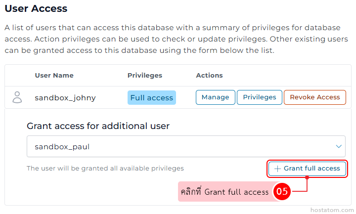 User Access panel with a user sand box_johny having Full access and action buttons (Manage, Privileges, Revoke). A section to grant full access to sandbox_paul via a dropdown and a 'Grant full access' button.