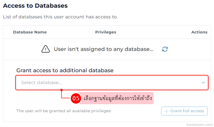 Screen shows an 'Access to Databases' panel with a warning that the user isn't assigned to any database, and a 'Grant full access' area containing a 'Select database...' dropdown to choose which database to grant access to.