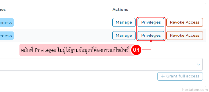Table of user accounts with action buttons (Manage, Privileges, Revoke Access); Privileges button highlighted by a callout.