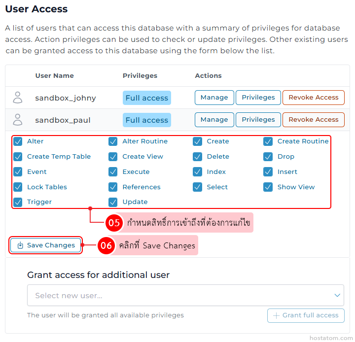User Access settings: two sandbox users have Full access, with a grid of privilege checkboxes (Alter, Create, Delete, Insert, Show View, etc.) and a highlighted Save Changes button; Thai instruction note appears.