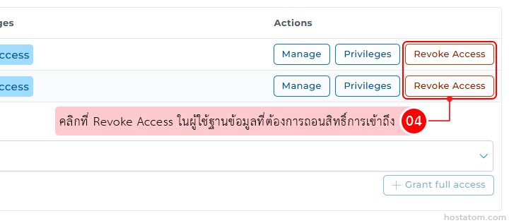 Row of user permissions with Manage, Privileges, and Revoke Access buttons; a pink instruction bubble highlights Revoke Access with a red outline around the button and a numeric cue (04).