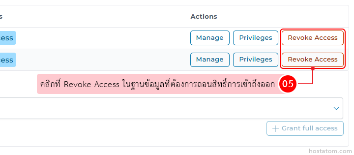 Admin user-management panel showing action buttons; Revoke Access is highlighted with a Thai tooltip instructing to revoke access in the selected database/record.