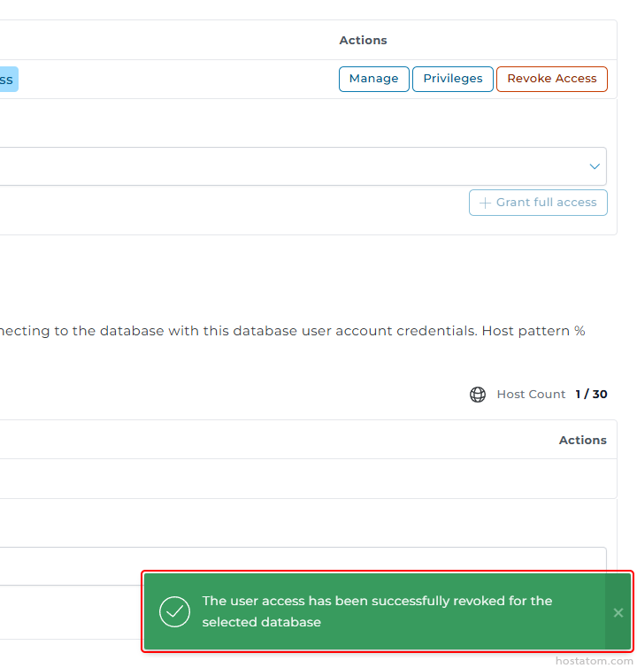 Green success banner with a checkmark: The user access has been successfully revoked for the selected database.