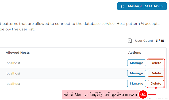 Database host management page showing three rows of 'localhost' with adjacent Manage and Delete buttons; top-right 'Manage Databases' button is visible.