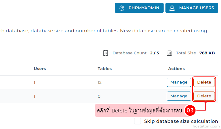 PHPMyAdmin-like screen listing two databases with Manage and Delete buttons in the Actions column.