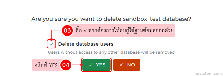 Confirmation dialog asking to delete sandbox_test database; 'Delete database users' is checked; green YES and orange NO buttons visible (step 04).