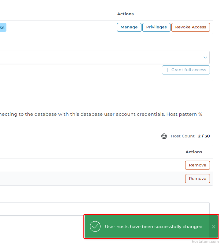 Admin panel: action buttons (Manage, Privileges, Revoke Access); host count 2/30; dropdown and Grant full access; two Remove buttons; green success toast reading 'User hosts have been successfully changed'.