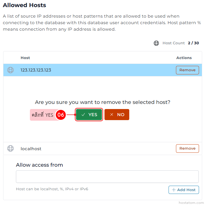 Allowed Hosts page showing host 123.123.123.123 with a Remove button; a confirmation modal asks to confirm removal with Yes and No; below, host localhost with its own Remove button and an Add Host input section.