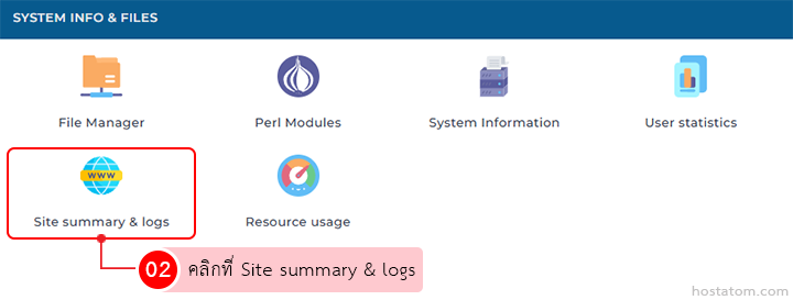 System Info & Files dashboard with icons for File Manager, Perl Modules, System Information, User statistics, Resource usage; Site summary & logs is highlighted with a red outline and guide bubble.