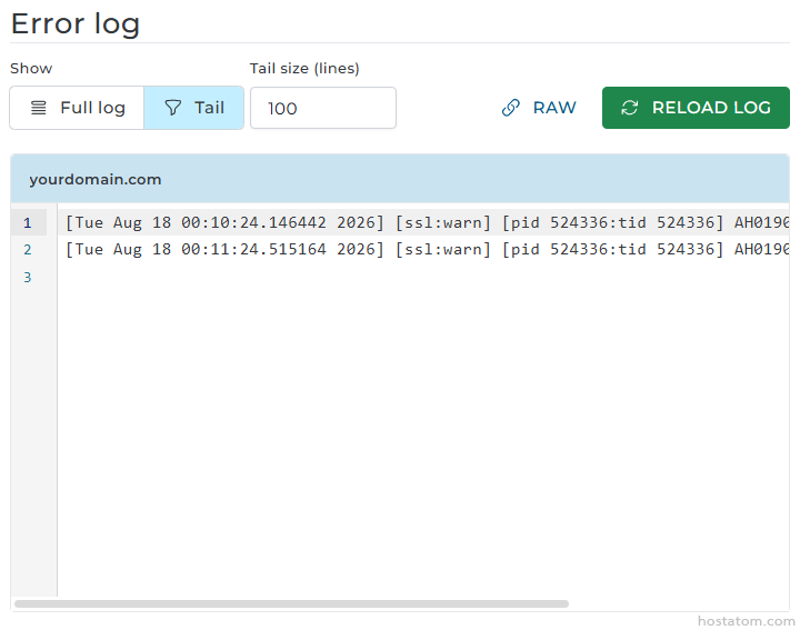 Web-based error log viewer for yourdomain.com with Tail tab active; shows two ssl:warn log lines including pid and AH90... messages.