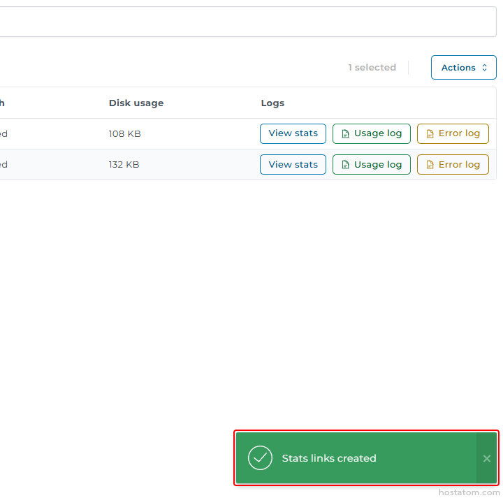 Dashboard table with two rows showing Disk usage and Logs, action buttons (View stats, Usage log, Error log) and a bottom-right green notification reading 'Stats links created' with a checkmark.