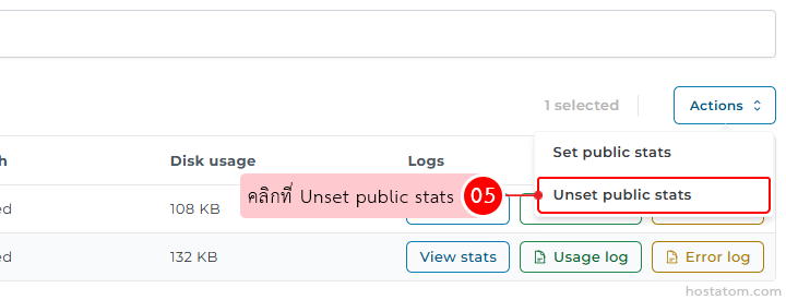 Context menu under Actions showing Unset public stats option highlighted in red border.