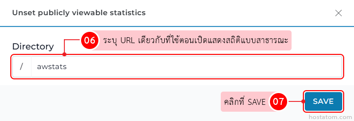 Modal: 'Unset publicly viewable statistics', Directory: / awstats, Save button highlighted.