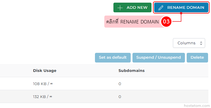Domain management UI with Rename Domain highlighted, pink tooltip, red 03 badge, plus action buttons (Set as default, Suspend/Unsuspend, Delete) and a Disk Usage/Subdomains table.