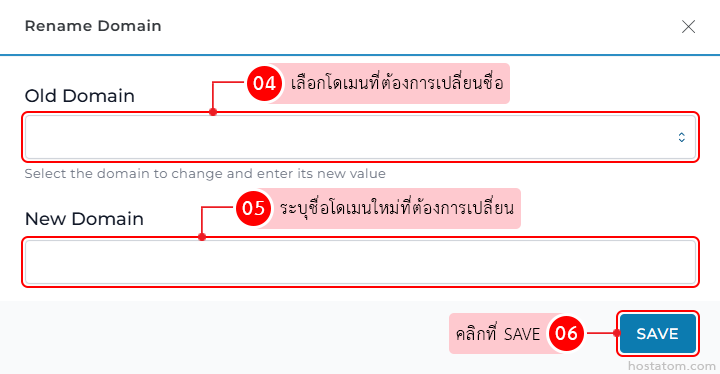 Rename Domain dialog: Old Domain dropdown, New Domain text input, and a Save button to apply changes.