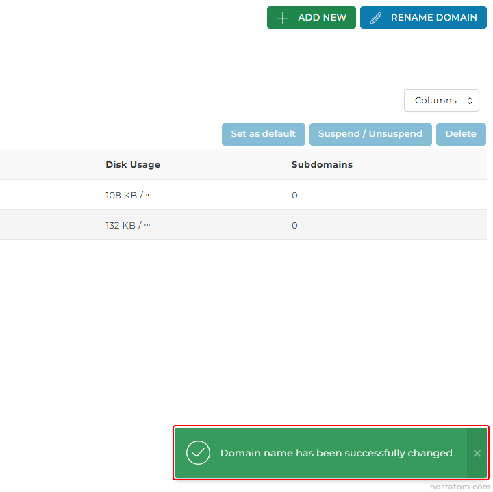 Admin domain management screen with Add New and Rename Domain buttons, a table showing Disk Usage and Subdomains, and a green success toast reading 'Domain name has been successfully changed'.