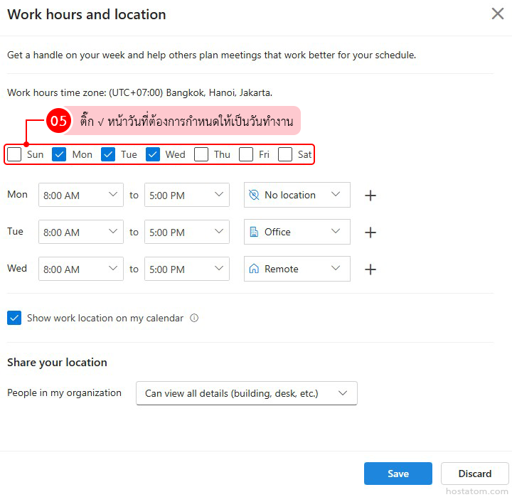 how to set work hours and location in outlook on the web
