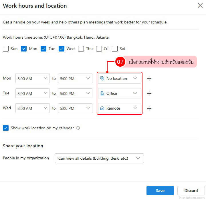 how to set work hours and location in outlook on the web
