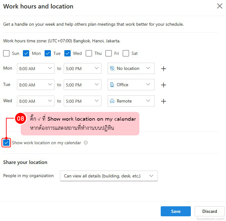 how to set work hours and location in outlook on the web