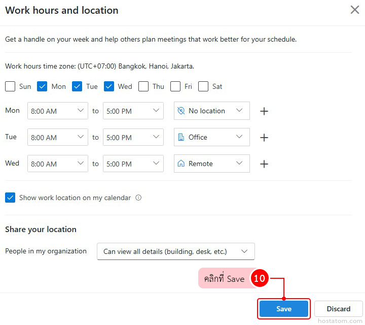 how to set work hours and location in outlook on the web